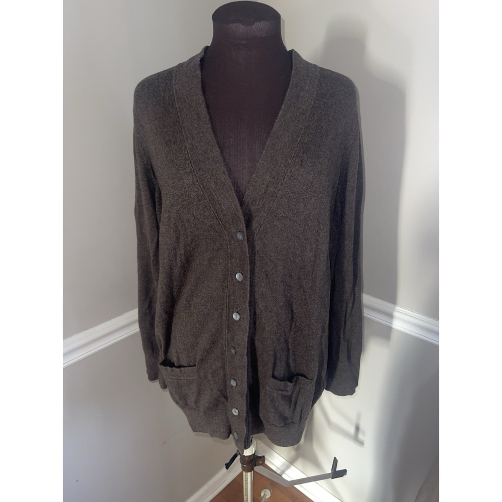 Lands' End Boyfriend Cardigan Sweater Brown Plus Sz 1X Academia Wool Cashmere